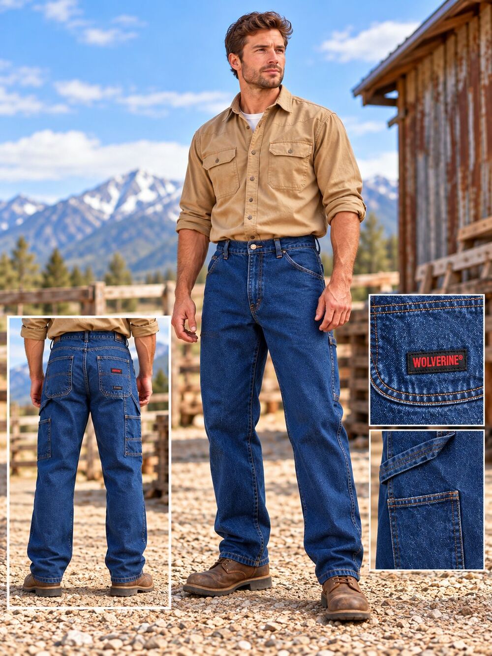 Wolverine Carpenter Jeans Mens 38x34 Blue Denim Work Utility Pants 100% Cotton